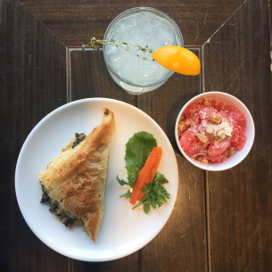 Wilde Thyme Lemonade, Grapefruit Coconut Salad, Spanikopita