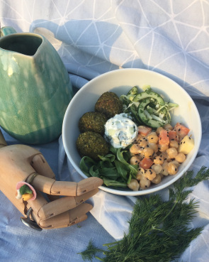 Spring bowl with our Veggie option of Spinach Bulgar Balls